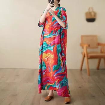 Летнее тонкое свободное платье с v-образным вырезом больших размеров в литературном праздничном стиле, пляжное платье, винтажные длинные платья One Size красный