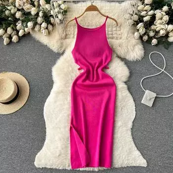 Летнее трикотажное сексуальное платье на бретелях, женское облегающее платье с эластичной талией, женское пляжное платье с разрезом и открытой спиной, длинное платье One Size чёрный