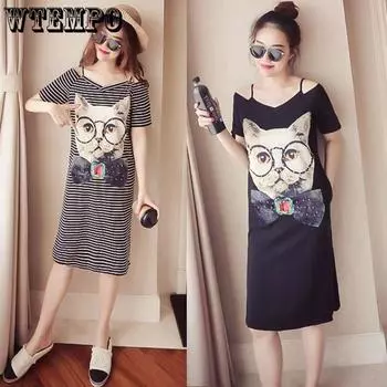 Летнее удобное прямое платье с милым принтом кота, женское свободное повседневное платье без бретелек с халтером, средней длины, с короткими рукавами, футболка S