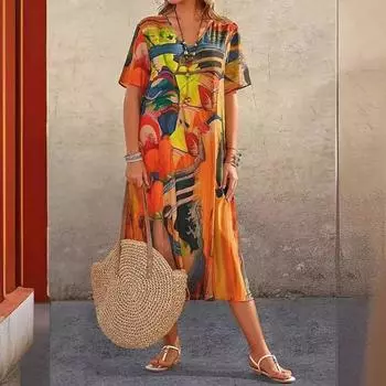 Летнее уличное повседневное платье с V-образным вырезом и короткими рукавами. Повседневные платья с принтом. S оранжевый