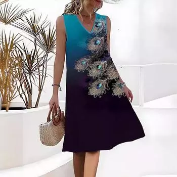Летнее уличное повседневное женское платье с V-образным вырезом без рукавов с принтом павлиньих перьев повседневные платья S