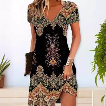 Летнее уличное женское платье класса А с V-образным вырезом и короткими рукавами, повседневные платья с цветочным принтом S чёрный