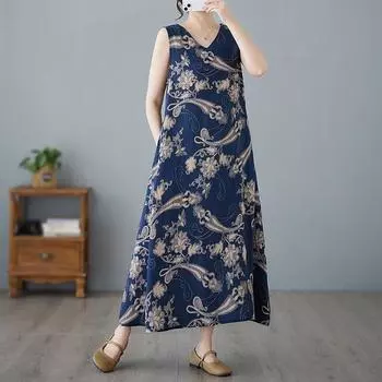 Летнее V-образный вырез в этническом стиле больших размеров, скрывающее недостатки фигуры, утягивающее платье средней длины без рукавов для женщин, платья one size