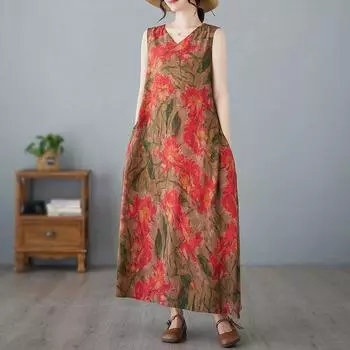 Летнее V-образный вырез в этническом стиле больших размеров, скрывающее недостатки фигуры, утягивающее платье средней длины без рукавов для женщин, платья one size