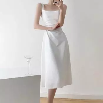 Летнее вечернее белое длинное платье для офисных женщин, тонкое сексуальное платье без рукавов на бретелях, пляжное женское цельное платье в корейском стиле S белый