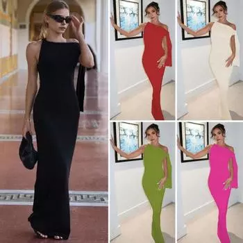 Летнее вечернее платье на одно плечо, нестандартный дизайн, струящиеся бретели, открытая спина, облегающее платье, однотонное, длиной до пола, коктейльное, выпускное, платье знаменитости L красный