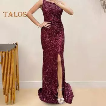 Летнее вечернее платье с блестящими пайетками-бандо с открытыми плечами, облегающее платье с открытой спиной и без рукавов, плиссированное с высоким разрезом, длиной до пола, женское платье для выпускного вечера, банкетное платье макси, бальное платье S ш