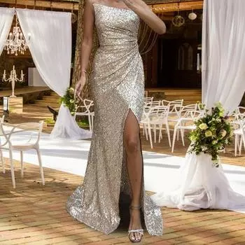 Летнее вечернее платье с блестящими пайетками-бандо с открытыми плечами, облегающее платье с открытой спиной и без рукавов, плиссированное с высоким разрезом, длиной до пола, женское платье для выпускного вечера, банкетное платье макси, бальное платье S ш
