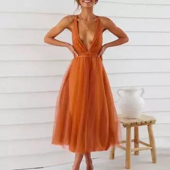 Летнее вечернее платье с открытой спиной, женское повседневное сексуальное сетчатое длинное платье принцессы на шнуровке, элегантное пляжное платье трапециевидной формы с поясом и высокой талией 25209 S орион