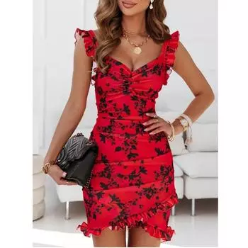 Летнее вечернее платье с v-образным вырезом и открытой спиной, женское элегантное мини-платье без рукавов с цветочным принтом S красный