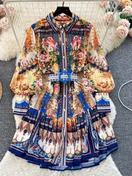 Летнее великолепное праздничное пляжное мини-платье для женщин с длинным рукавом-фонариком и принтом на поясе женское винтажное элегантное дворцовое платье S чёрный