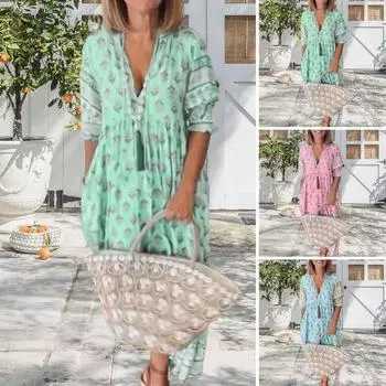 Летнее весеннее платье макси с V-образным вырезом в стиле бохо с рукавами-фонариками и трапециевидным силуэтом большого размера S синий