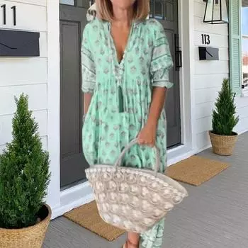 Летнее весеннее платье макси с V-образным вырезом в стиле бохо с рукавами-фонариками и А-силуэтом с большим качелями S розовый