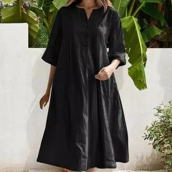 Летнее весеннее платье с карманами, застегивающимся на пуговицы V-образным вырезом, плиссированным свободным А-образным подолом, короткими рукавами, однотонным платьем миди для повседневной носки, вечеринок, свиданий S светло-синий