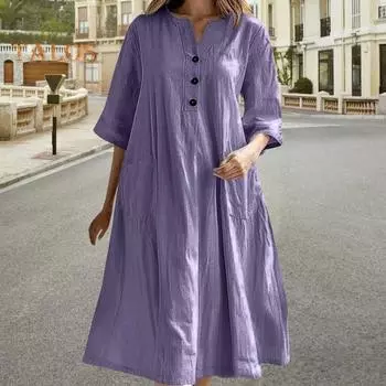 Летнее весеннее платье с карманами, застегивающимся на пуговицы V-образным вырезом, плиссированным свободным А-образным подолом, короткими рукавами, однотонным платьем миди для повседневной носки, вечеринок, свиданий S чёрный