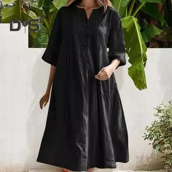 Летнее весеннее платье с карманами, застегивающимся на пуговицы V-образным вырезом, плиссированным свободным А-образным подолом, короткими рукавами, однотонным платьем миди для повседневной носки, вечеринок, свиданий S чёрный