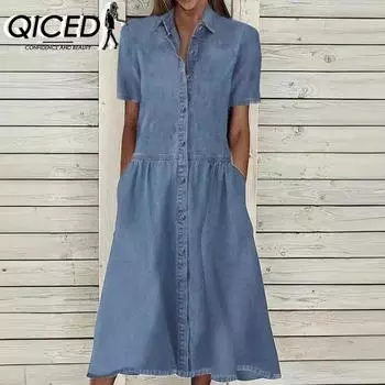Летнее весеннее повседневное джинсовое платье с короткими рукавами и воротником-поло QICED с лацканами S синий