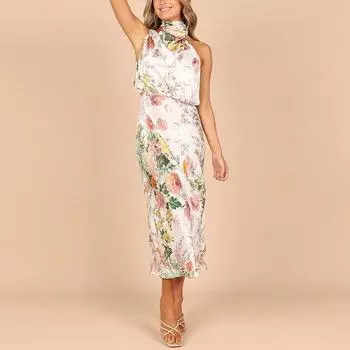 Летнее винтажное элегантное атласное женское платье без рукавов с принтом, сексуальное платье с цветочным принтом, женские трапециевидные вечерние платья с лямкой на бретельках 25768 S светло-фиолетовый