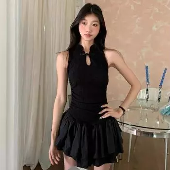 Летнее винтажное элегантное черное облегающее мини-платье на пуговицах, женское повседневное вечернее платье без рукавов в стиле ретро, корейское модное шикарное платье S чёрный