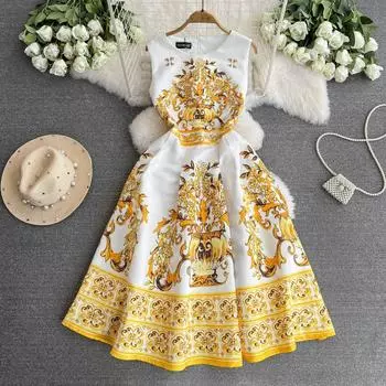 Летнее винтажное дизайнерское платье с дизайнерским принтом, женское модное платье без рукавов для вечеринок S чёрный