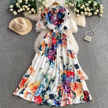 Летнее винтажное дизайнерское платье с принтом, подиумное, женское, с коротким рукавом, с воротником-пиджаком, длинное макси, праздничные платья для отпуска S белый