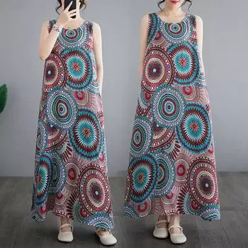 Летнее винтажное хлопковое льняное платье с принтом, свободный круглый вырез, без рукавов, жилет средней длины для женщин, повседневные платья M