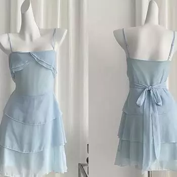 Летнее винтажное модное платье для выпускного вечера на тонких бретельках женское 2023 вечернее мини-платье вечернее многоуровневое оборками дизайн уличной сексуальной одежды S синий