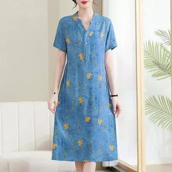 Летнее винтажное платье больших размеров для женщин, свободные элегантные длинные платья с v-образным вырезом и короткими рукавами XL