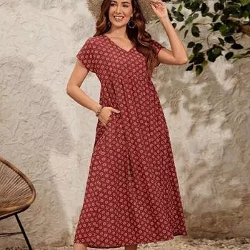 Летнее винтажное платье больших размеров с коротким рукавом, женское элегантное повседневное длинное платье с V-образным вырезом, женское трапециевидное платье с принтом, свободные женские платья больших размеров 24517 S бордовый