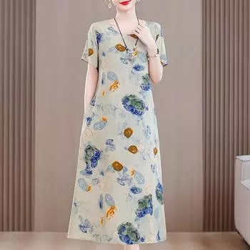 Летнее винтажное платье для женщин, повседневные платья больших размеров с короткими рукавами и поясом, элегантная женская одежда среднего возраста XL