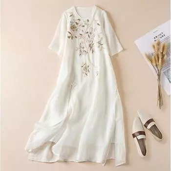 Летнее винтажное платье для женщин с высокой талией, коротким рукавом и круглым вырезом, ретро-платья, сарафан с вышивкой в стиле пэчворк и цветами, халат Femme XXL белый