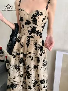 Летнее винтажное платье в стиле Хепберн с открытой спиной и принтом, женское сексуальное платье на бретельках, модное платье с цветочным принтом S бежевый
