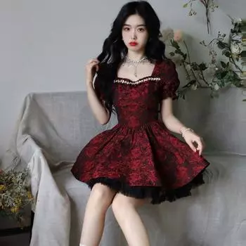 Летнее винтажное платье, женское мини-вечернее платье с квадратным воротником и бриллиантами, платье с пышными рукавами и кружевными оборками, жаккардовые платья Лолиты XL