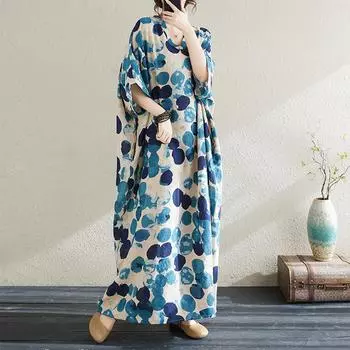 Летнее винтажное принтовое V-образное вырезное платье больших размеров для женщин One Size