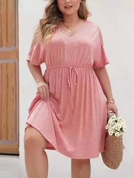 Летнее винтажное свободное платье больших размеров с V-образным вырезом, женская мода, шикарное натуральное однотонное платье с половиной рукава, женский французский дизайн, весенняя пляжная одежда с рюшами и красками XL розовый