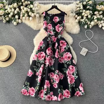 Летнее винтажное вечернее платье с цветочным принтом, женские модные тонкие длинные платья макси без рукавов с круглым вырезом S чёрный