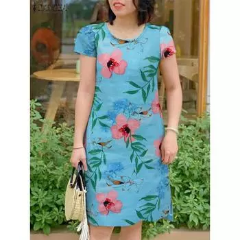 Летнее винтажное вечернее платье с цветочным принтом 2025 ZANZEA женское элегантное платье с круглым вырезом и коротким рукавом Vestido повседневное бохо пляжное платье-сарафан S