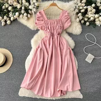 Летнее винтажное женское драпированное платье с квадратным воротником, элегантное пышное платье с коротким рукавом и высокой талией, праздничные платья миди длиной до колена One Size