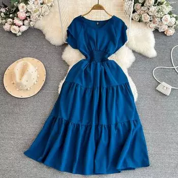 Летнее винтажное женское платье-миди красного/синего/желтого цвета, однотонное, с v-образным вырезом, коротким рукавом, трапециевидной формы, большие свободные повседневные платья, Vestidos Femme One Size