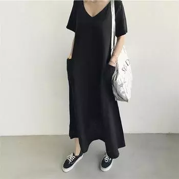 Летнее винтажное женское платье свободного покроя с V-образным вырезом M чёрный