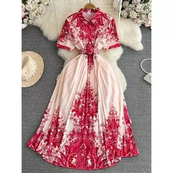 Летнее винтажное женское плиссированное вечернее длинное платье с принтом, элегантный отложной воротник, короткий рукав, высокая талия, драпировка, пляжные платья, новое S красный