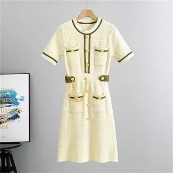 Летнее вязаное платье Модное женское платье с коротким рукавом, приталенное, А-силуэта One Size абрикосовый