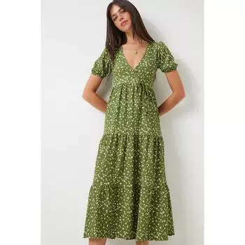 Летнее вязаное платье с запахом и цветочным принтом цвета хаки