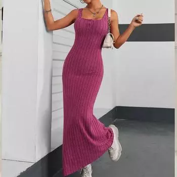 Летнее вязаное плиссированное длинное платье на пуговицах с квадратным воротником, женское уличное облегающее платье, сексуальные платья на бретелях без рукавов с высокой талией M