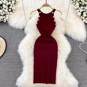 Летнее вязаное тонкое сексуальное облегающее эластичное платье без рукавов средней длины с открытыми плечами и ягодицами