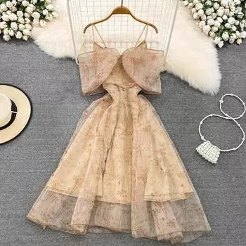 Летнее высококачественное женское платье трапециевидной формы с талией и бантом на слинге