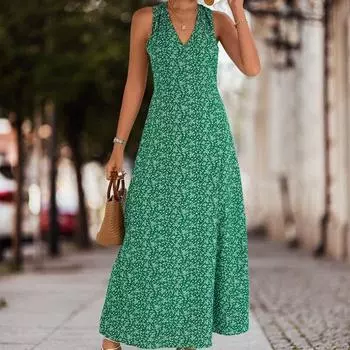 Летнее зеленое платье офисное женское длинное платье с v-образным вырезом и открытой спиной для женщин с высокой талией и цветочным принтом, женская мода, элегантный халат 25945 S чёрный