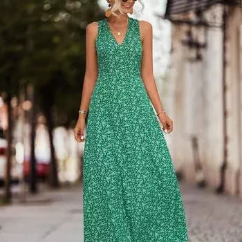 Летнее зеленое платье с цветочным принтом, офисное женское длинное платье с v-образным вырезом и открытой спиной для женщин с высокой талией, женская мода, элегантный халат 25945 S чёрный