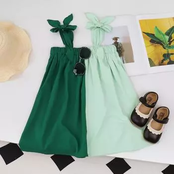 Летнее зеленое повседневная одежда с нашивкой Bear Leader для девочек, платье на бретельках с бантом, модная детская одежда для детей 3-7 лет 3 years