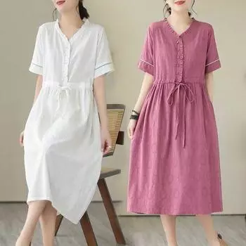 Летнее жаккардовое этническое платье свободного покроя с тонкой свежей талией M белый